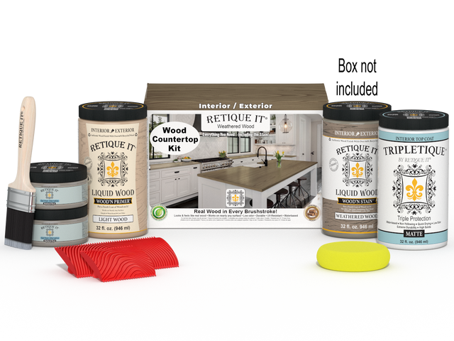 Weathered wood finish countertop kit from Retique It, complete with stains and accessories for full kitchen renovation.