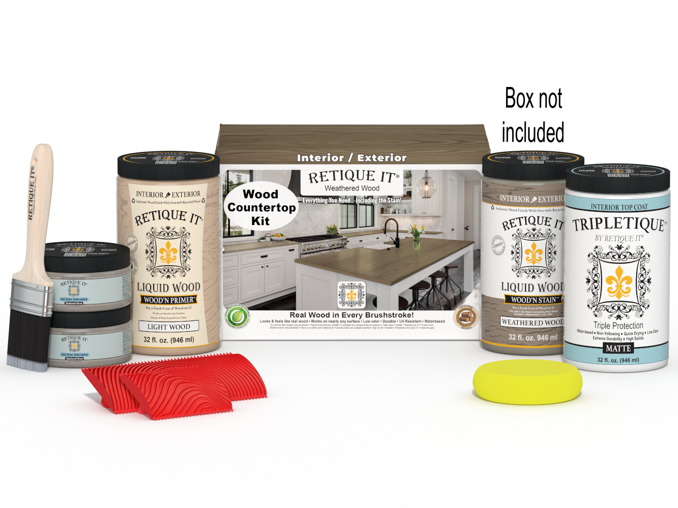 Retique It® weathered wood countertop kit with stains, showing a finished kitchen countertop with a rustic weathered wood look.