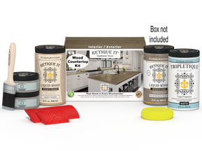 Retique It® weathered wood countertop kit with stains, showing a finished kitchen countertop with a rustic weathered wood look.