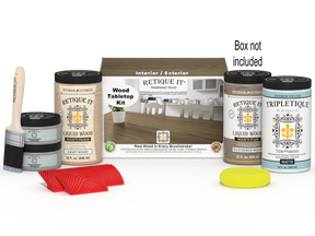 Retique It® Wood'n Finish Kit with four large weathered wood stains for tabletop furniture restoration.