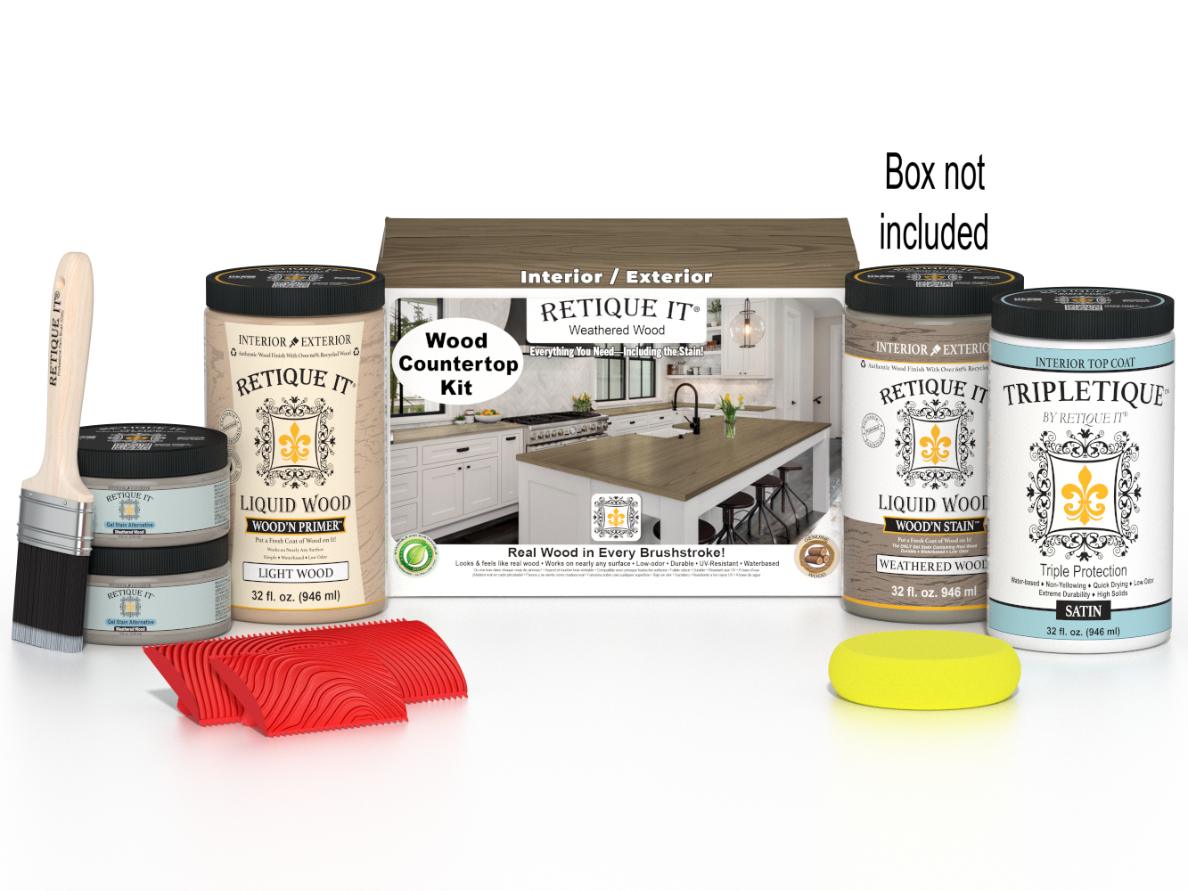 Retique It® Weathered Wood countertop kit with stains, showcasing a full kitchen setup featuring weathered wood finish.