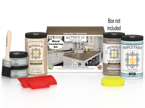 Retique It® Weathered Wood countertop kit with stains, showcasing a full kitchen setup featuring weathered wood finish.