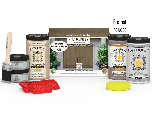 Retique It Wood'n Finish front door kit in weathered wood stain, double door with natural wooden texture and hardware details.