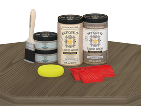 Retique It® Wood'n Cabinet Kit with weathered wood stain, featuring 12 grained cabinet doors on a table display.
