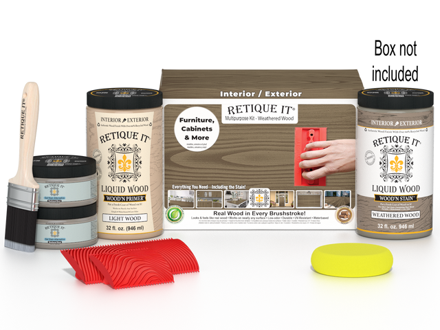 Large weathered wood finish kit from Retique It Wood'n Finish Kits line, featuring multiple tools and products for wood restoration.
