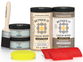 Large Weathered Wood Multi-purpose Wood'n Kit by Retique It® showing weathered wood finish sample and application tools.