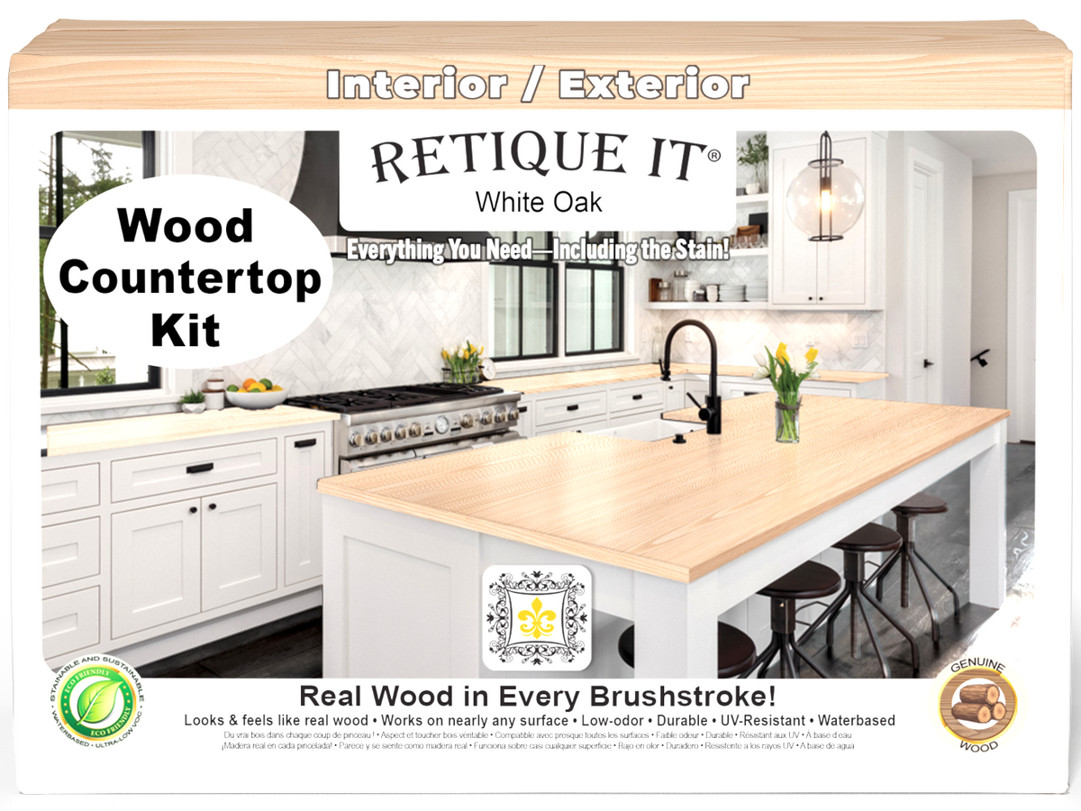 Retique It® White Oak countertop kit with stain, featuring a full kitchen setup and natural wood finish.