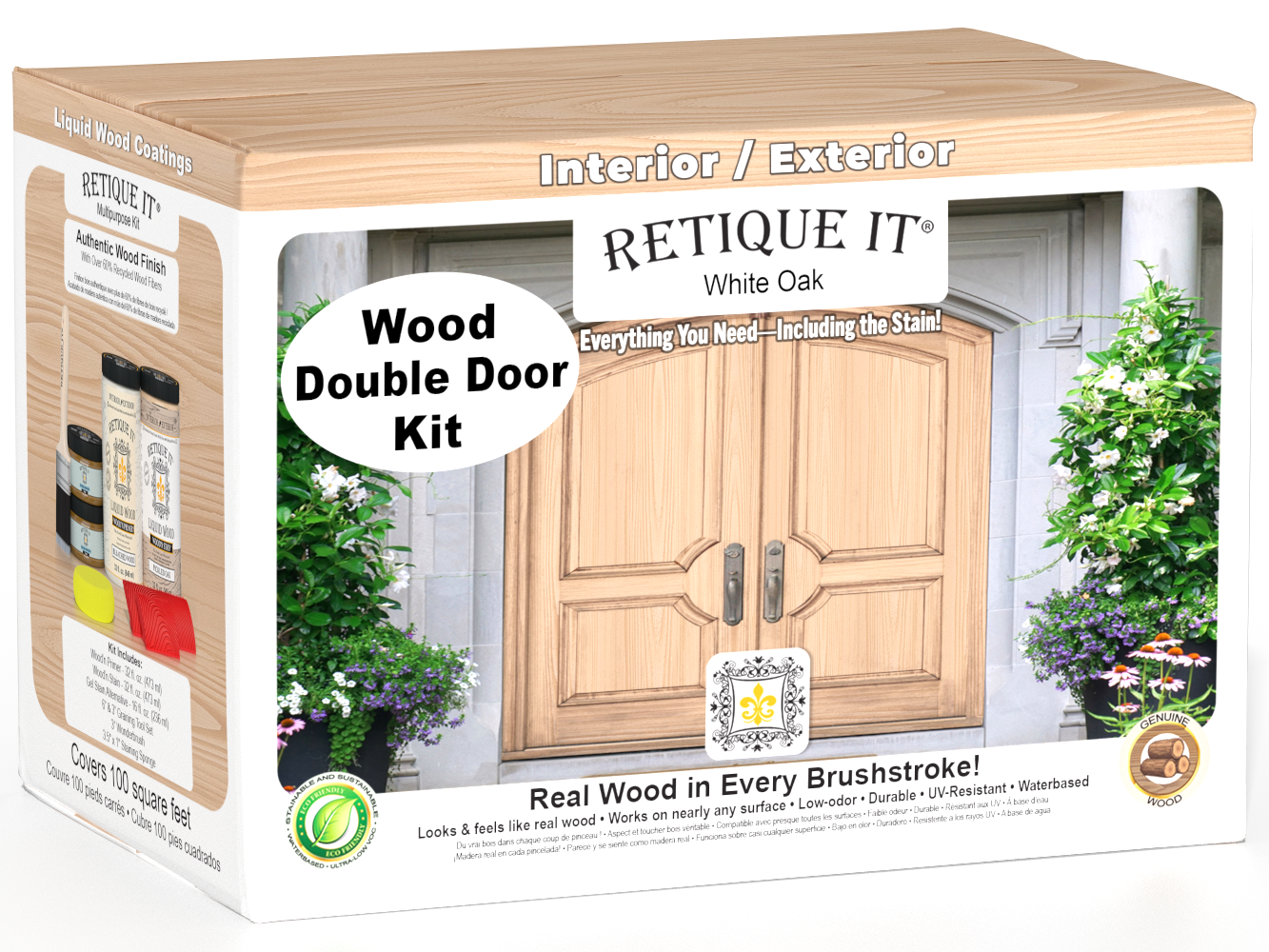 Retique It® Wood'n Finish Double Front Door Kit in White Oak stain, featuring a double door with natural wood grain details.