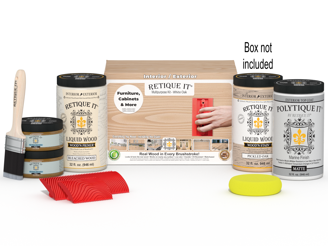 Retique It® Wood'n Finish Kit in warm oak color, includes wood stain and finishing supplies for furniture restoration.