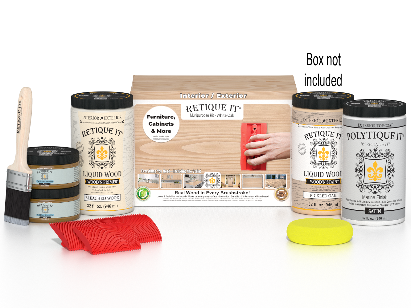Retique It® Wood'n Finish Kit in Walnut Oak, includes applicator tools and finishing supplies in a clear box.