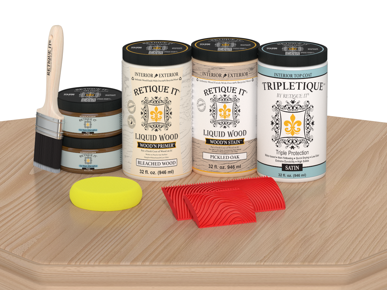 Retique It® Wood'n Cabinet Kit with 12 white oak stained, grained cabinet doors in satin finish on a table surface.