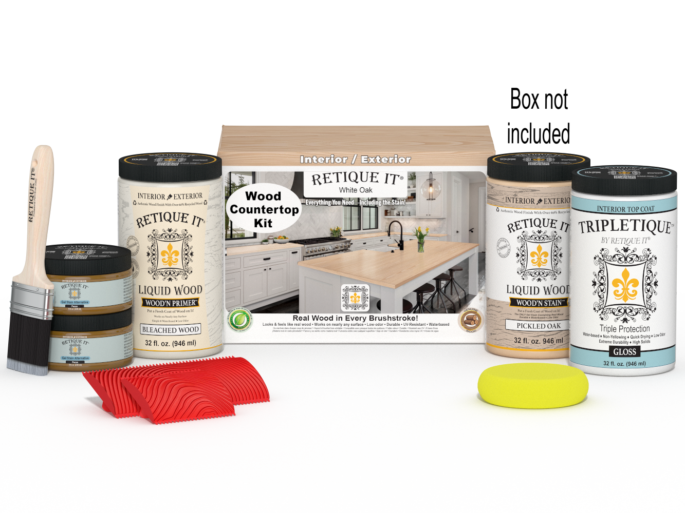 Retique It® White Oak countertop kit with stains, designed for full kitchen projects, featuring wooden countertop with natural grain.