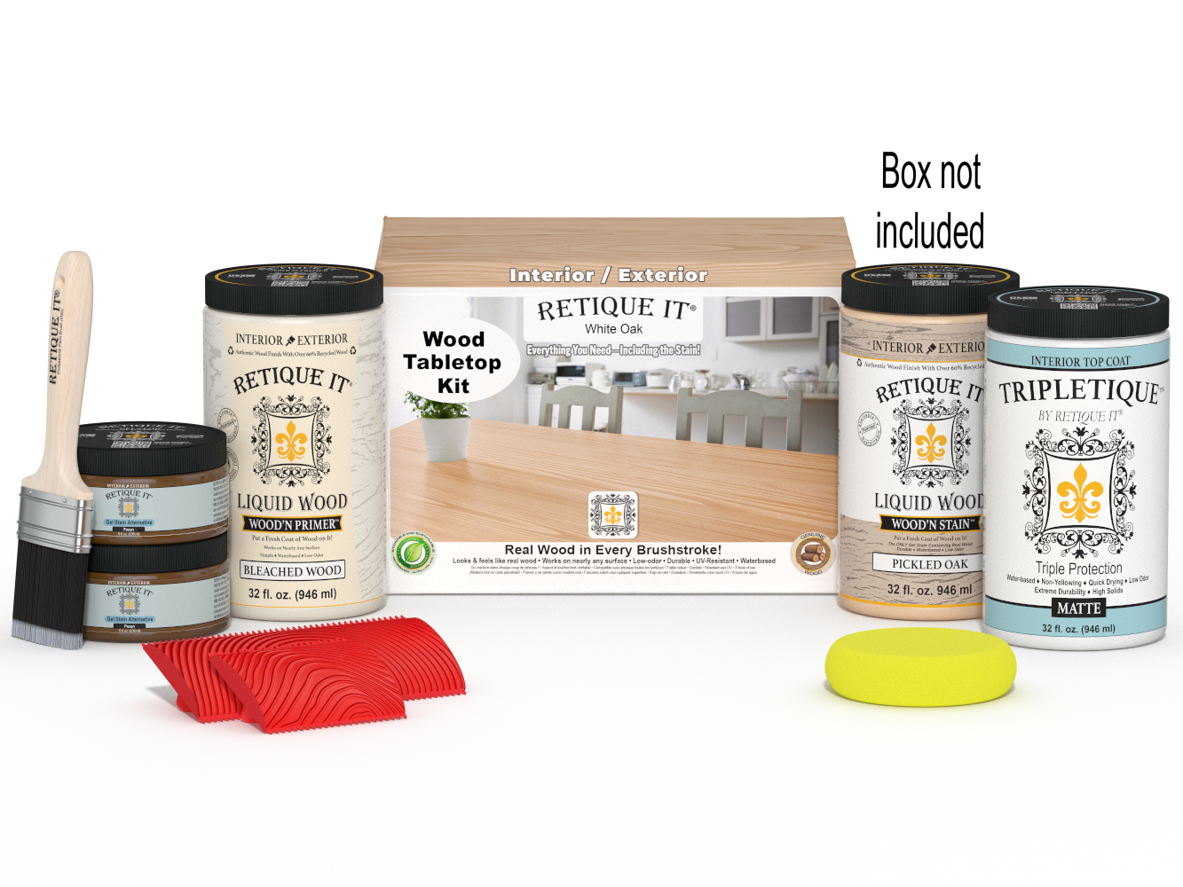 Retique It® Wood'n Finish Kit with four large white oak stains for tabletops, featuring stain bottles and application box.
