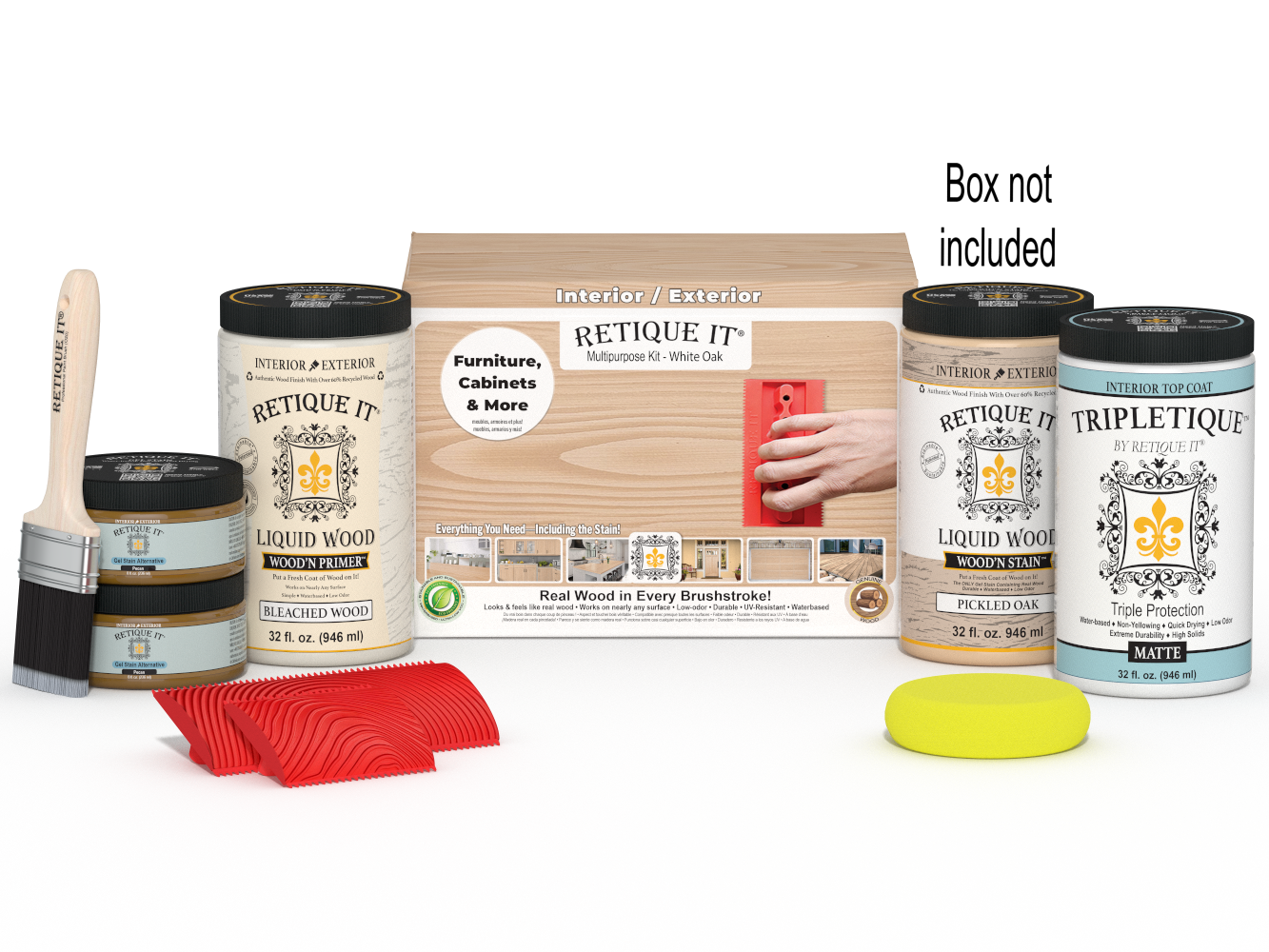 Large White Oak Wood'n Finish Kit by Retique It® with interior top coat and applicator brush in a white box.