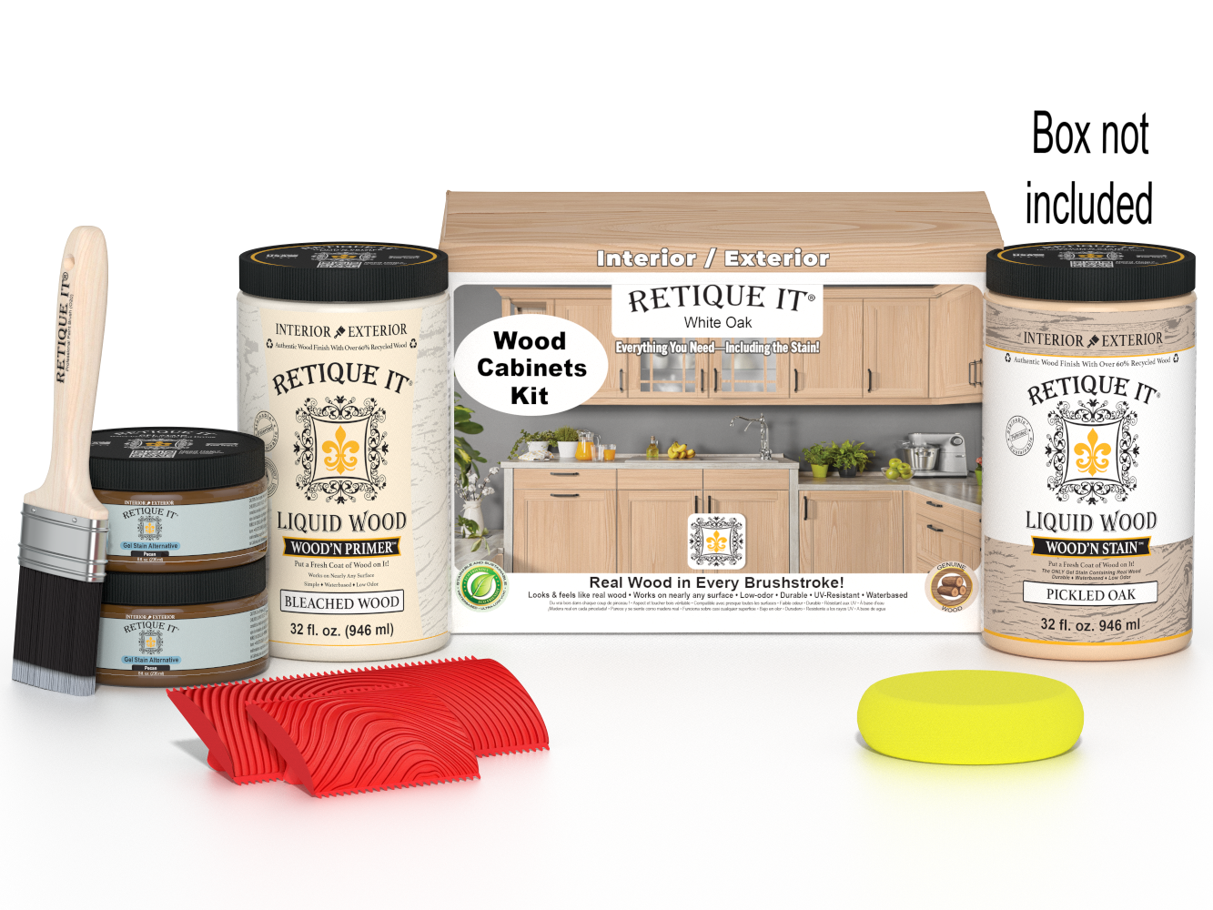 Retique It® Wood'n Cabinet Kit with 12 white oak grained stain doors and matching box cabinets for kitchen or bathroom renovation.