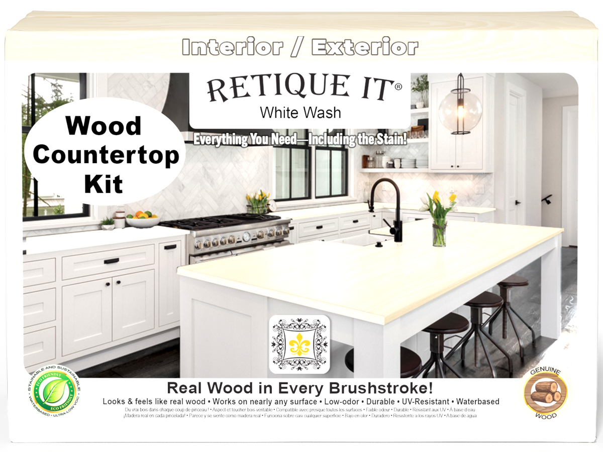 Retique It® white wash countertop kit for full kitchen, showing stained wooden surface with a smooth, whitewashed finish.