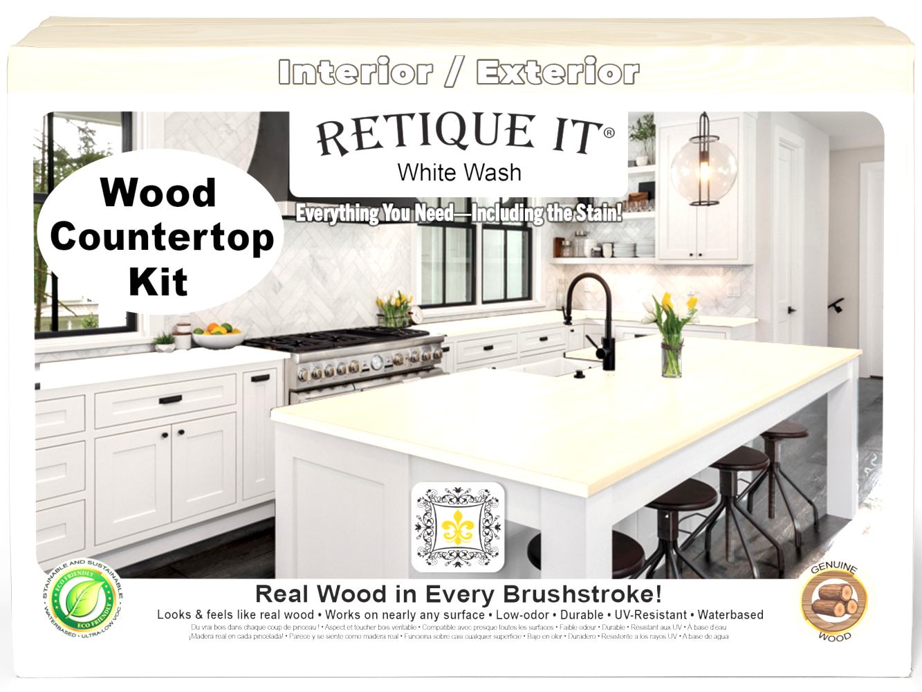 Retique It® white wash countertop kit for full kitchen, showing stained wooden surface with a smooth, whitewashed finish.