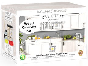 Retique It® Wood'n Cabinet Kit with 12 white wash stained grained cabinet doors, showcasing natural wood texture and finish.
