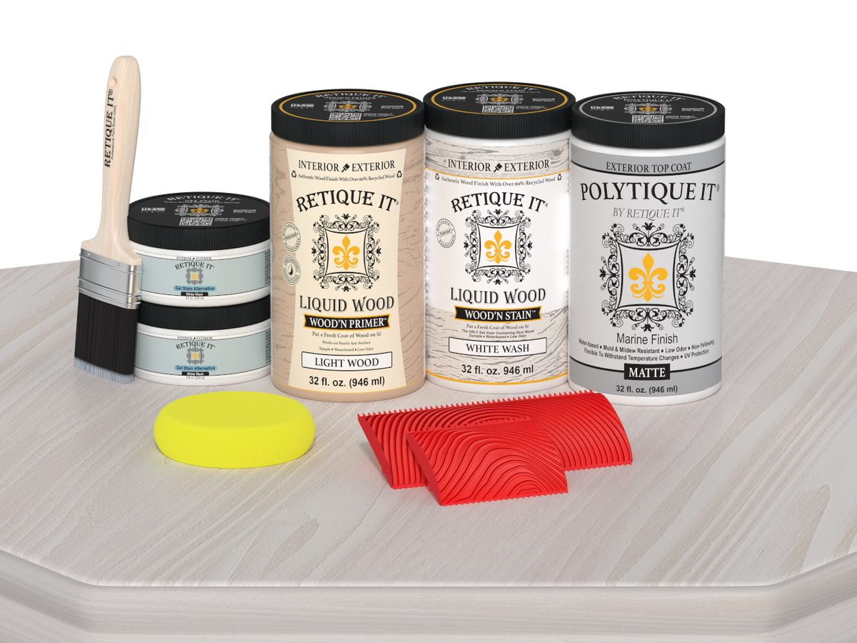 Retique It® Wood'n Finish Double Front Door Kit in White Wash stain, featuring matte finish and natural wood grain details.