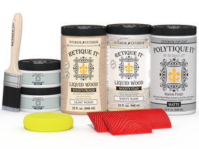 Large White Wash Wood'n Finish Kit by Retique It® with matte exterior top coat and multiple wood finishing tools.