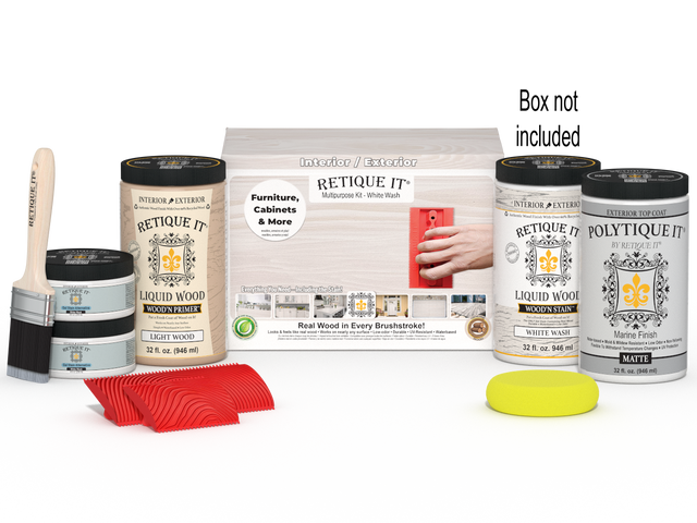 Large White Wash Wood'n Finish Kit by Retique It for exterior wood projects, includes top coat and application tools.