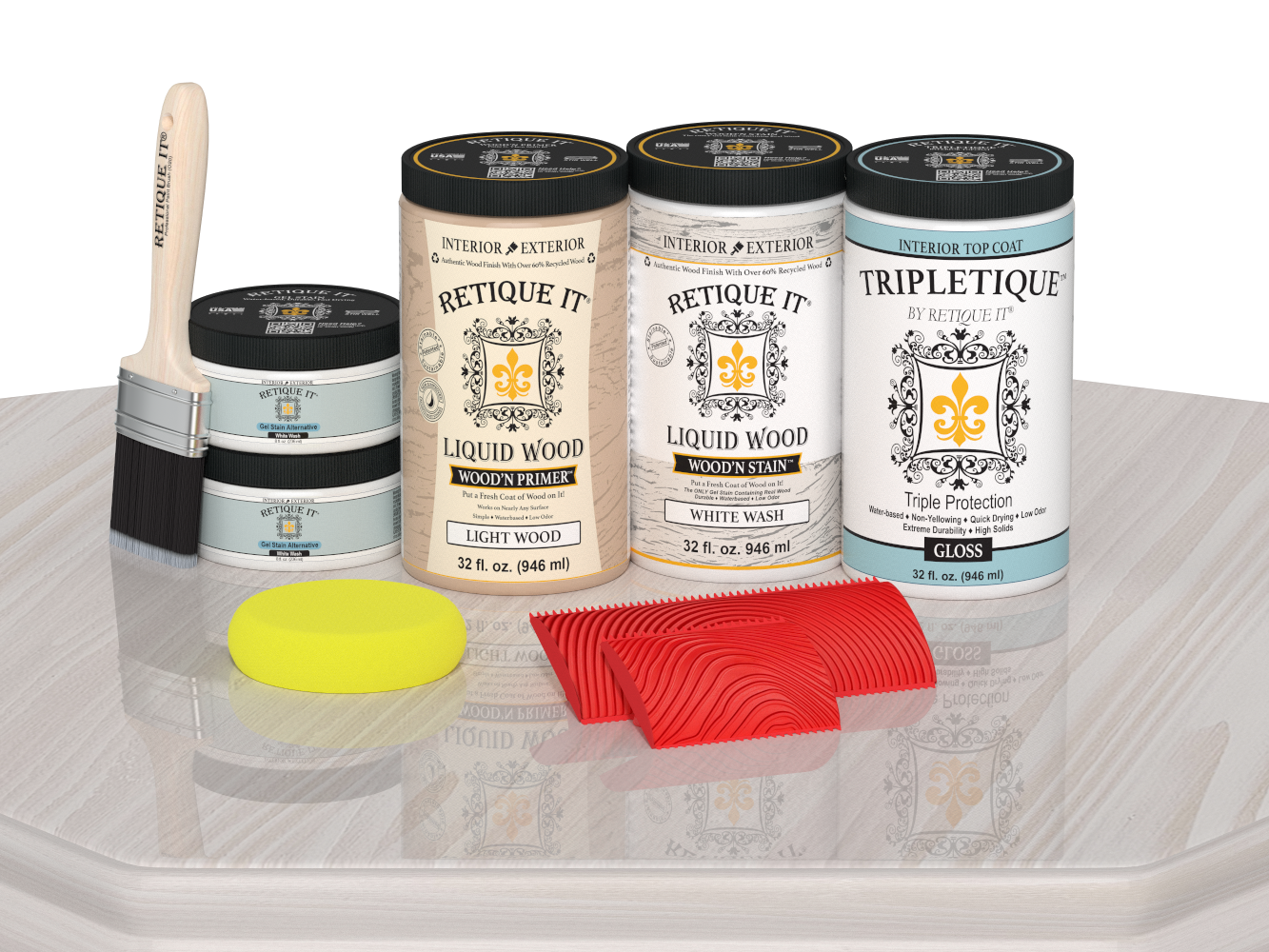 Retique It® Wood'n Cabinet Kit with 12 white wash stained doors and a gloss finish, displayed on a table.