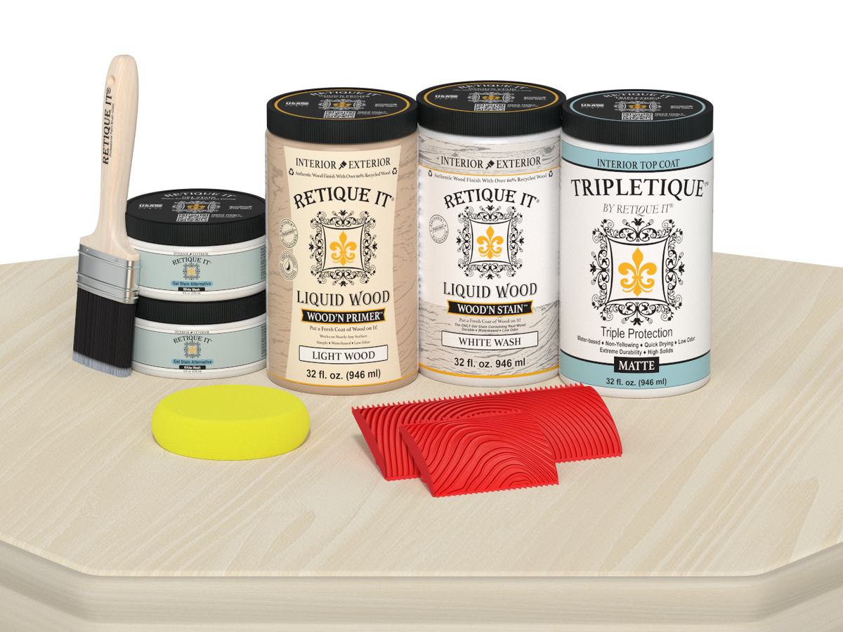 Retique It® White Wash countertop kit for full kitchen, showing matte stained wooden surface with whitewash finish.