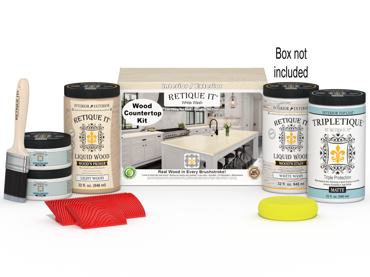 Retique It® white wash countertop kit with stains, featuring a full kitchen setup and a box of supplies.