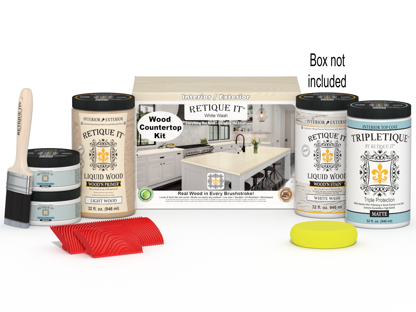 Retique It® white wash countertop kit with stains, featuring a full kitchen setup and a box of supplies.