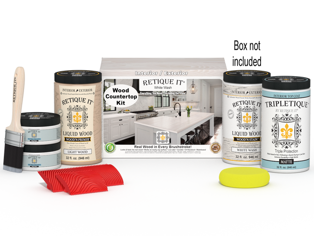 Retique It White Wash countertop kit for full kitchen, showing stained surface and application tools in the image.