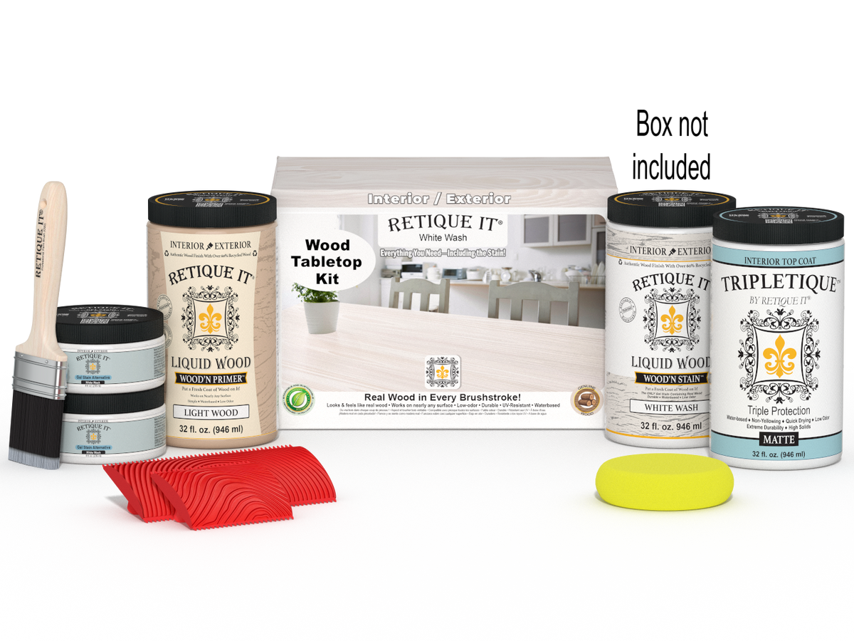 Retique It® Wood'n Finish Kit with four large white wash stain bottles for wood furniture and tabletop finishing.