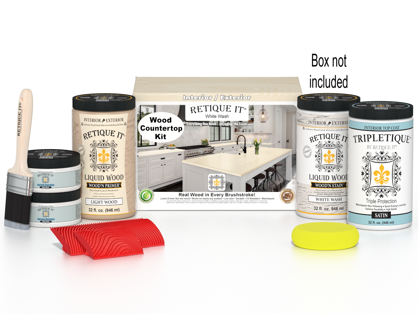 Retique It® white wash countertop kit with stain finishes, featuring natural wood grain and full kitchen countertop application.