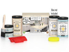 Retique It® white wash countertop kit with stain finishes, featuring natural wood grain and full kitchen countertop application.