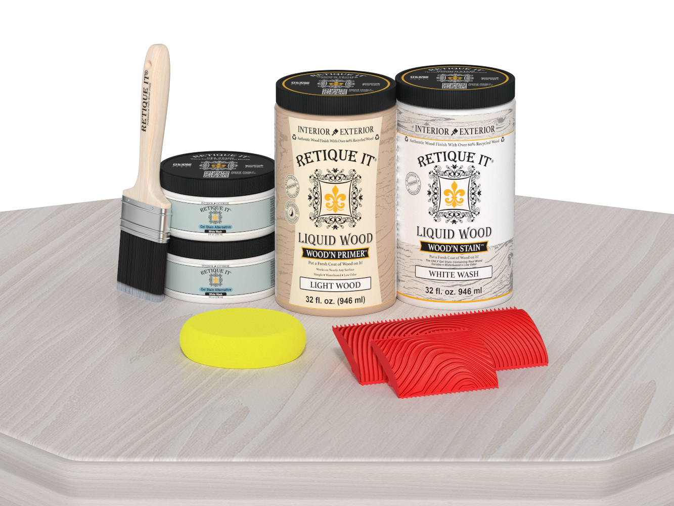 Large White Wash Wood'n Finish Kit by Retique It® on table, featuring wood finishing tools and supplies in a multi-purpose kit.
