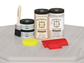 Large White Wash Wood'n Finish Kit by Retique It® on table, featuring wood finishing tools and supplies in a multi-purpose kit.