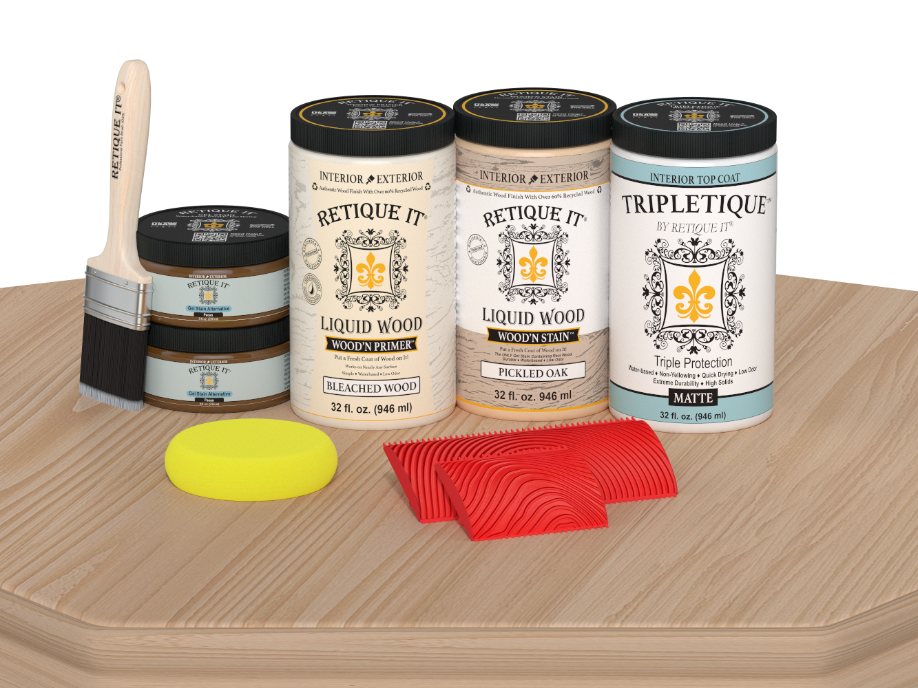 Retique It® Wood'n Finish Kit with four large white oak stain bottles and matte finish, shown on a table surface.