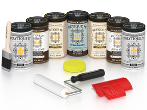 Retique It Black Walnut Kit with Liquid Wood, Black Walnut Gel Stain Alternative, Politique It Satin Finish, yellow sponge, red graining tool, roller, and brush.