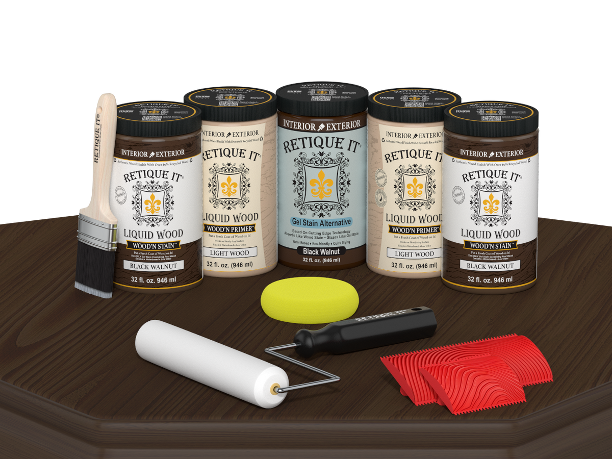 Retique It Black Walnut Kit with Liquid Wood, Black Walnut Gel Stain Alternative, yellow sponge, red graining tool, roller, and brush.