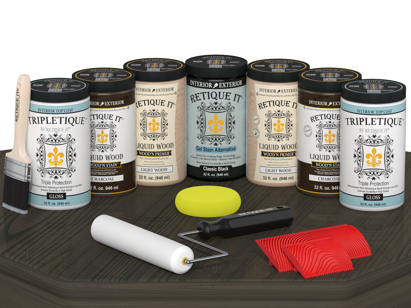 Charcoal Wood'n Cabinet Kit with 24 grained doors by Retique It® showing glossy stain finish on a table.