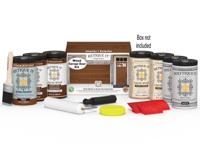 Retique It Wood'n Door Kit in Vintage Cherry stain for front and garage doors, featuring wood stain application and packaging.