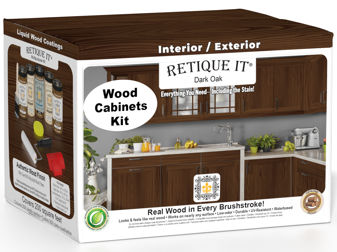 Retique It® Wood'n Cabinet Kit in Dark Oak stain, featuring 24 grained cabinet doors with a wood grain finish.