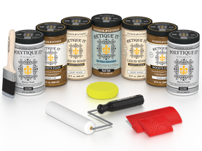 Retique It Dark Oak Kit with Liquid Wood, Dark Oak Gel Stain Alternative, Politique It Gloss Finish, yellow sponge, red graining tool, roller, and brush.