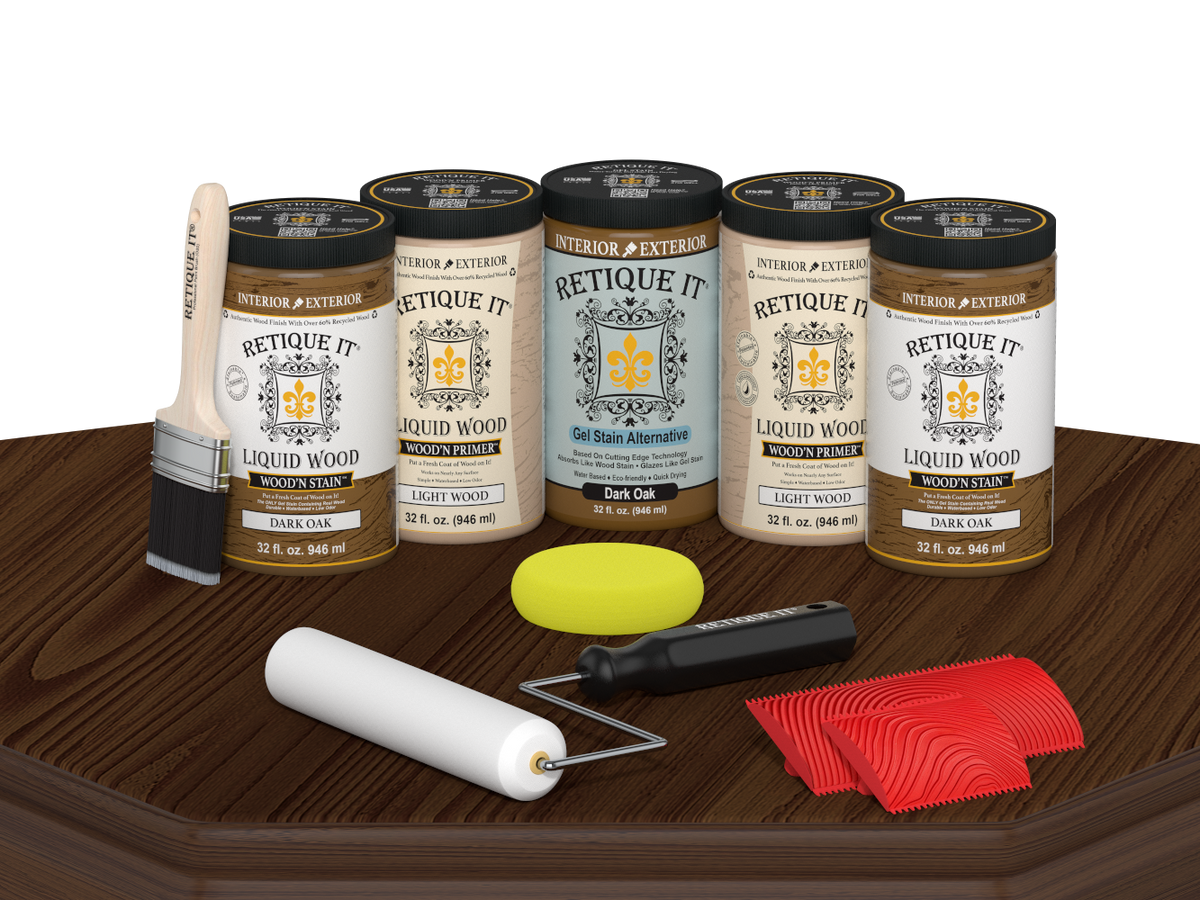 Retique It Dark Oak Kit with Liquid Wood, Dark Oak Gel Stain Alternative, yellow sponge, red graining tool, roller, and brush.