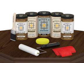 Retique It Dark Oak Kit with Liquid Wood, Dark Oak Gel Stain Alternative, yellow sponge, red graining tool, roller, and brush.