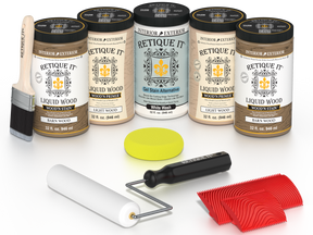 Retique It French Oak Kit with Liquid Wood, White Wash Gel Stain Alternative, yellow sponge, red graining tool, roller, and brush.