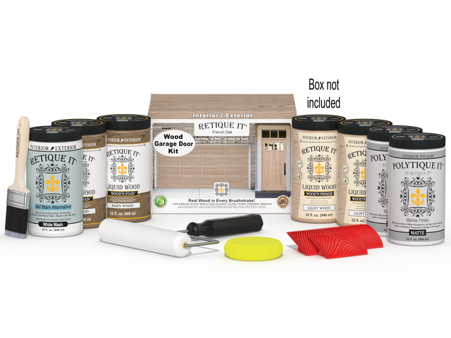 Retique It Wood'n Door Kit for front and garage doors in French Oak stain, includes stain bottles and application tools.