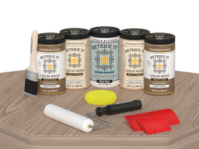 Retique It French Oak Kit with Liquid Wood, White Wash Gel Stain Alternative, yellow sponge, red graining tool, roller, and brush.