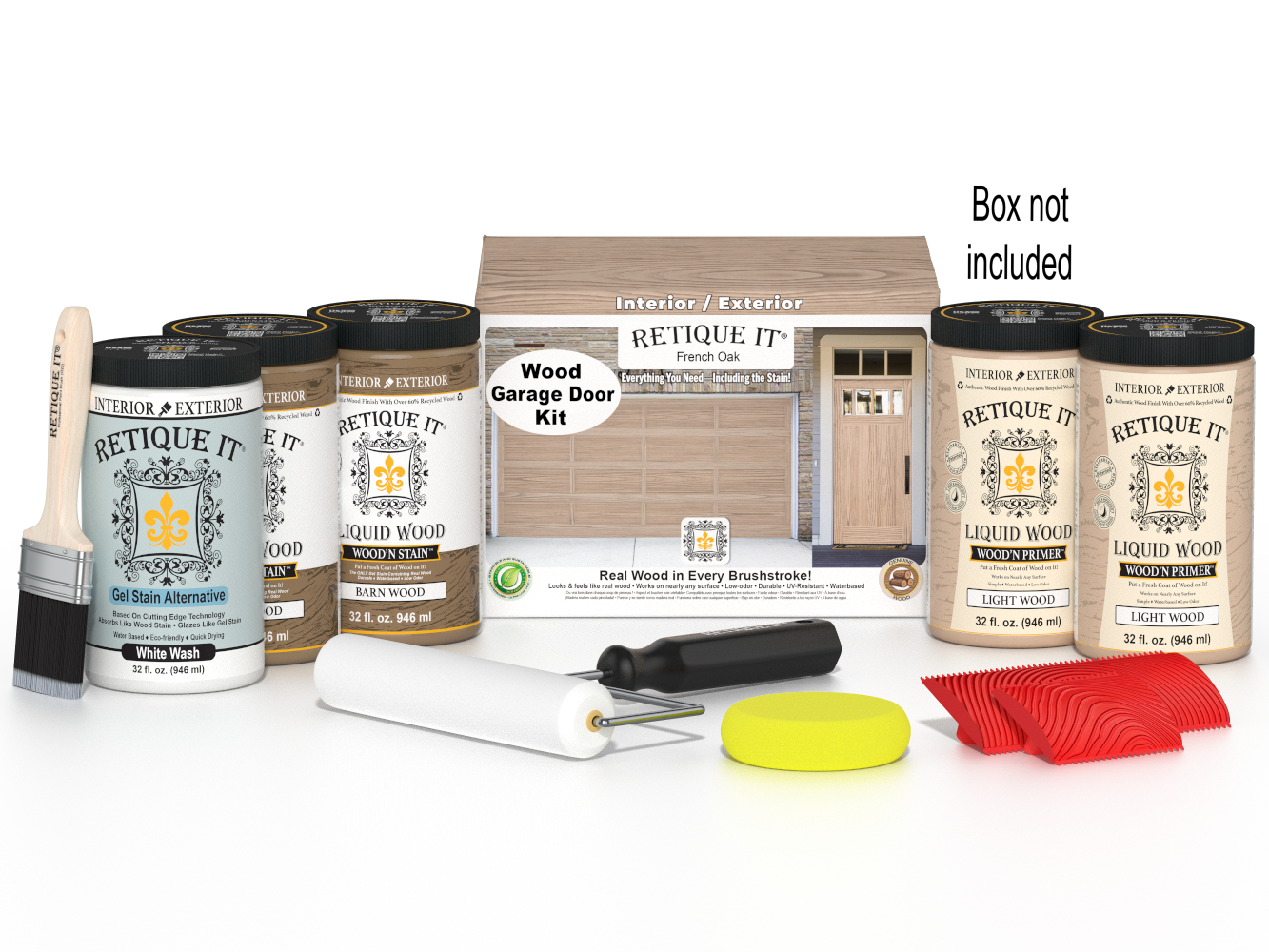 Retique It French Oak Wood Garage Door Kit with Liquid Wood, White Wash Gel Stain Alternative, yellow sponge, red graining tool, roller, brush, and kit box.