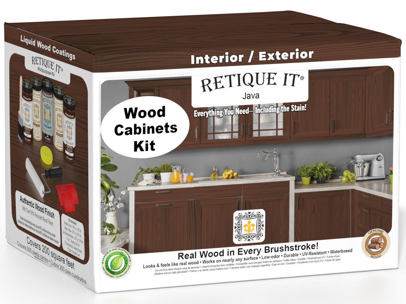 Retique It® Wood'n Cabinet Kit Java stain showing 24 grained cabinet doors with a warm wood finish and detailed grain texture.