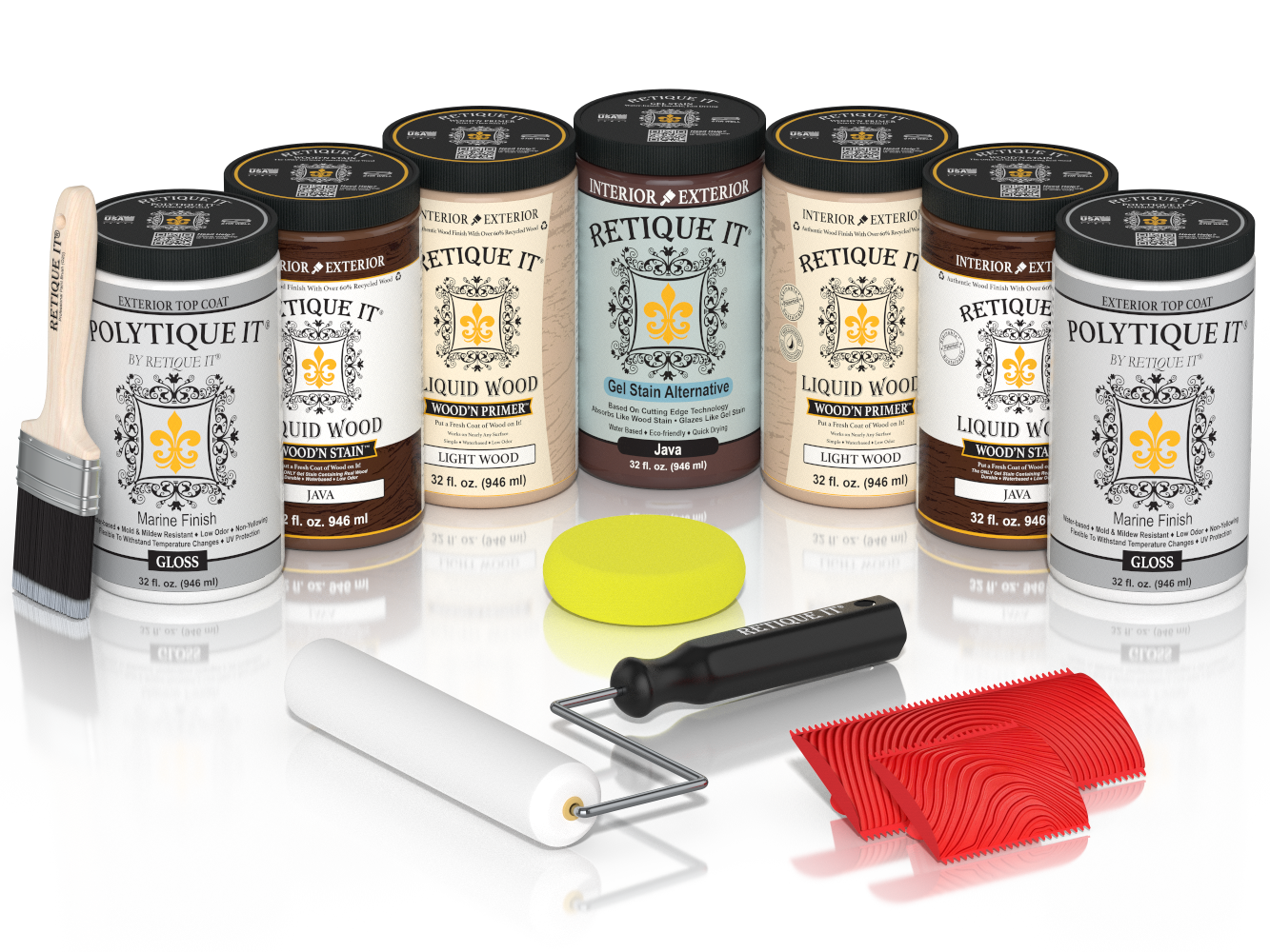 Retique It Java Wood'n Kit with Gloss PolyTique It top coat, featuring Java Liquid Wood stain, Light Wood primer, Java Gel Stain Alternative, paint brush, white roller, yellow sponge, and red graining tools.
